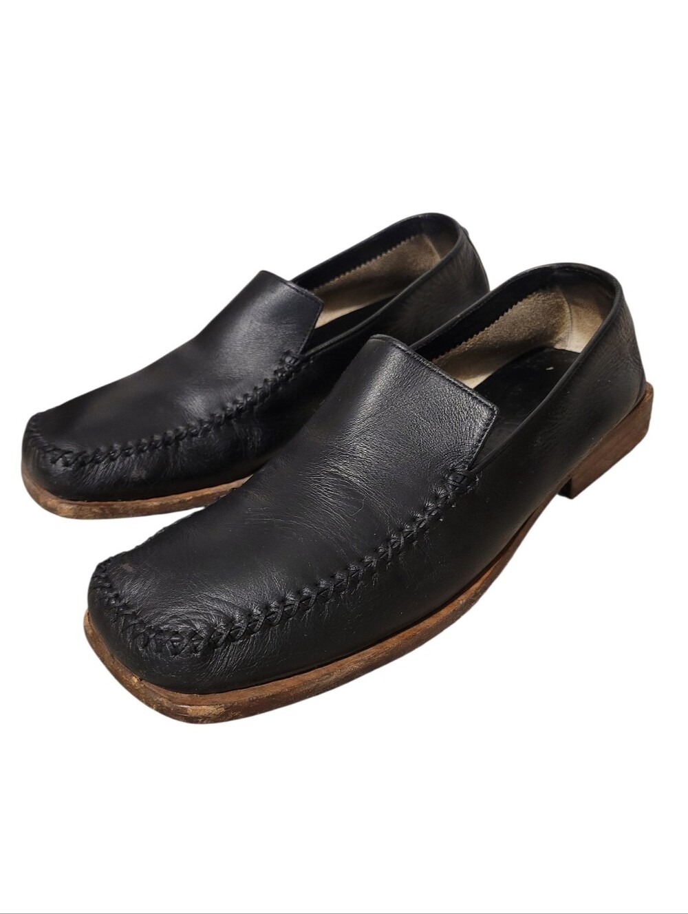 Louis Vuitton Black Leather Square Toe Engraved Heels Loafers Men 6.5 Designer